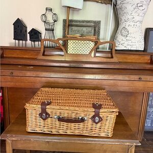 Vintage 1971  Hand Woven Wicker Storage Basket with Leather Accents